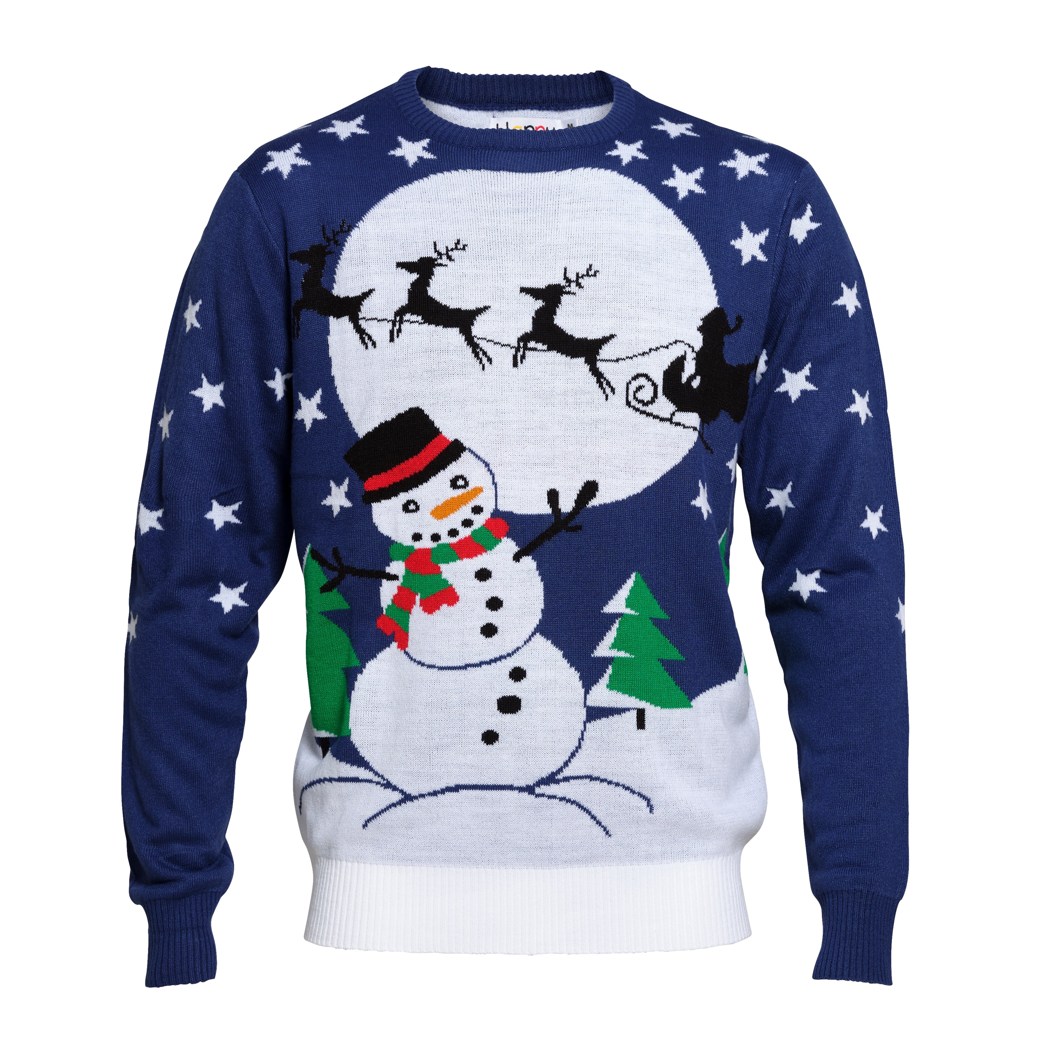 En julesweater med en måne og en snemand på.
